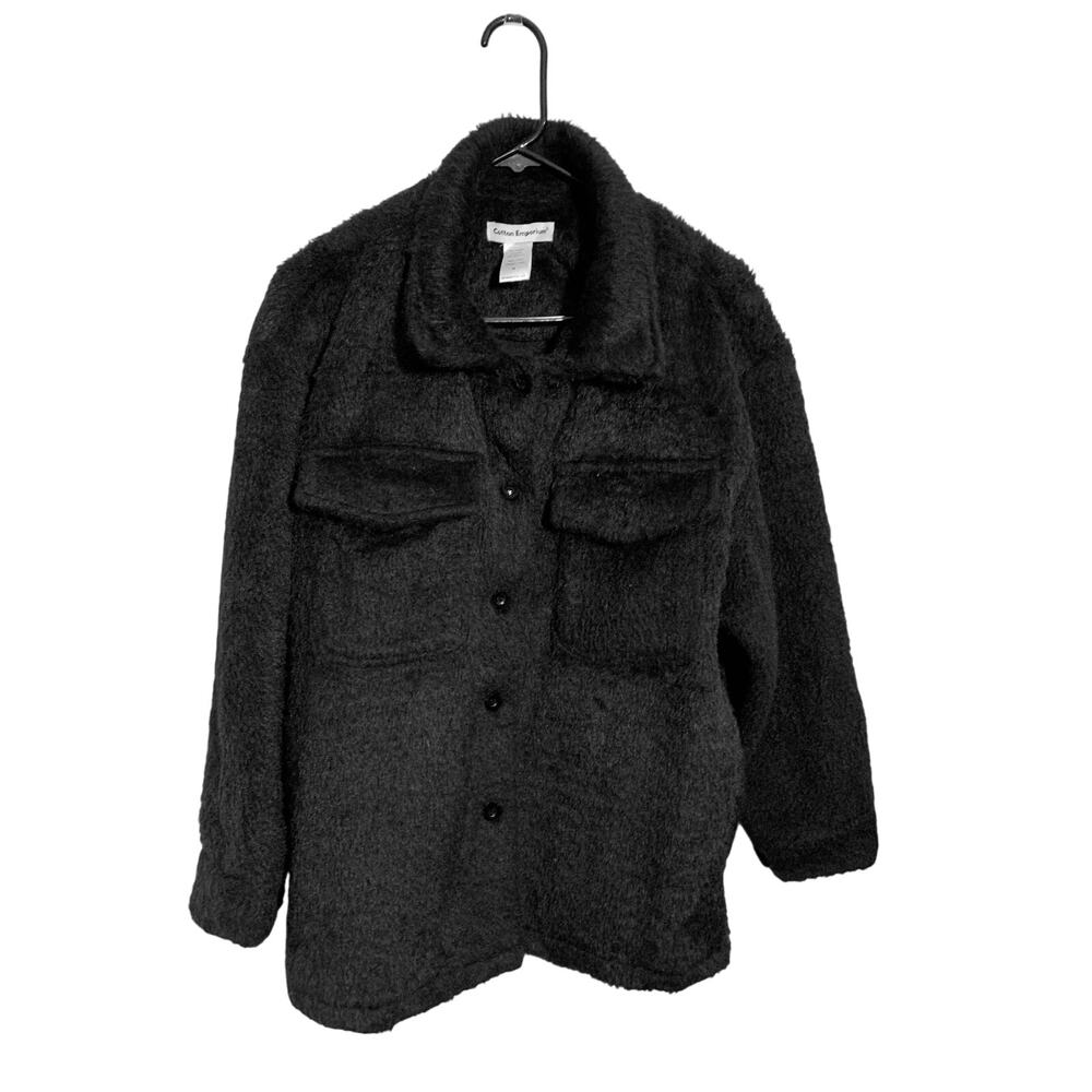 Cotton Emporium Faux Fur Shacket. Sz Med Black Sherpa Pockets Cozy Jacket